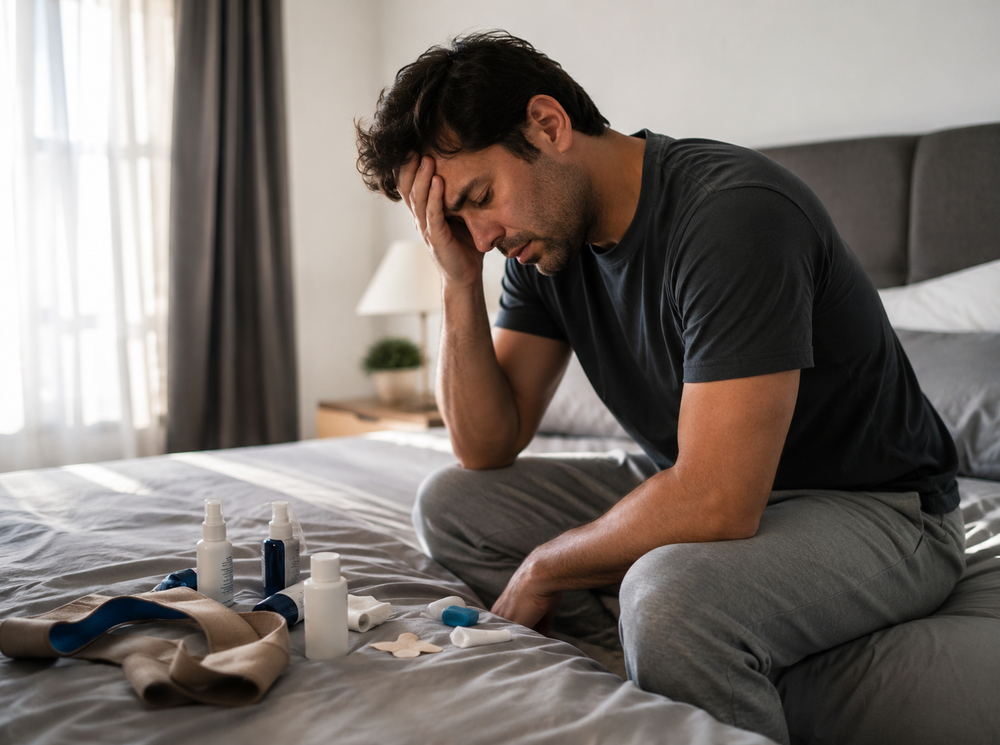 Fotografía editorial de un hombre sentado en el borde de la cama rodeado de productos antironquidos fallidos: tiras nasales, sprays, una faja elástica, expresión de frustración, luz natural suave de mañana, ambiente real de recámara, estilo documental, sin texto ni marcas de agua
