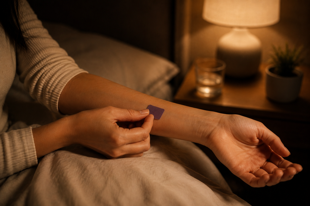 Fotografía editorial de una mano aplicándose un parche pequeño y discreto en la parte interior del antebrazo, luz cálida de lámpara de noche, ambiente íntimo de recámara, gesto suave y cuidado, estilo minimalista, sin texto ni marcas de agua