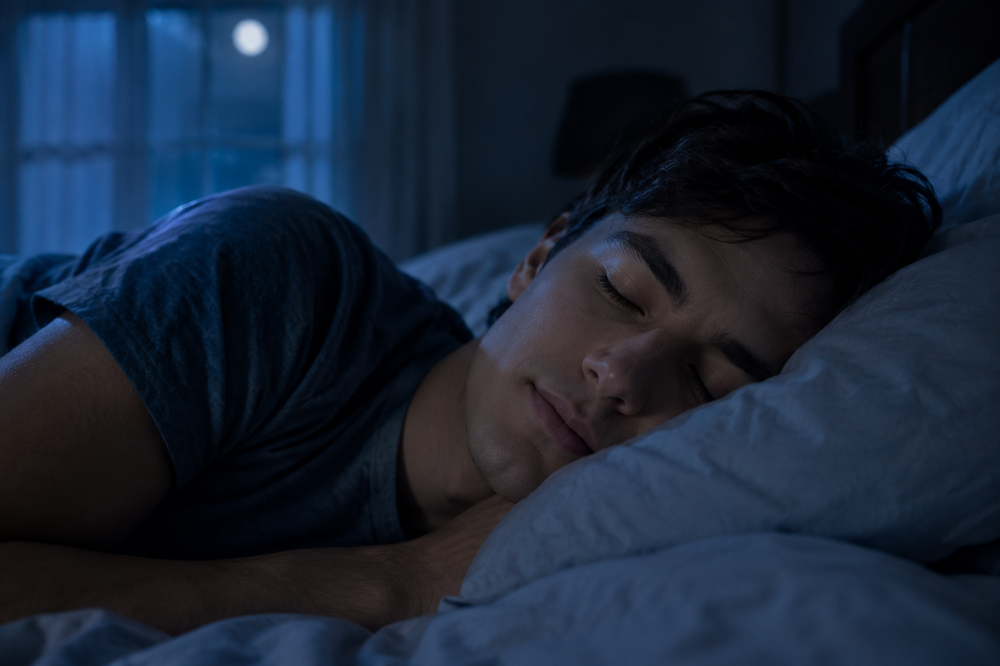 Fotografía de perfil de una persona durmiendo de lado con la boca ligeramente cerrada, expresión de descanso profundo, luz tenue de luna entrando por la ventana, ambiente de recámara real, tonos azulados suaves, sin texto