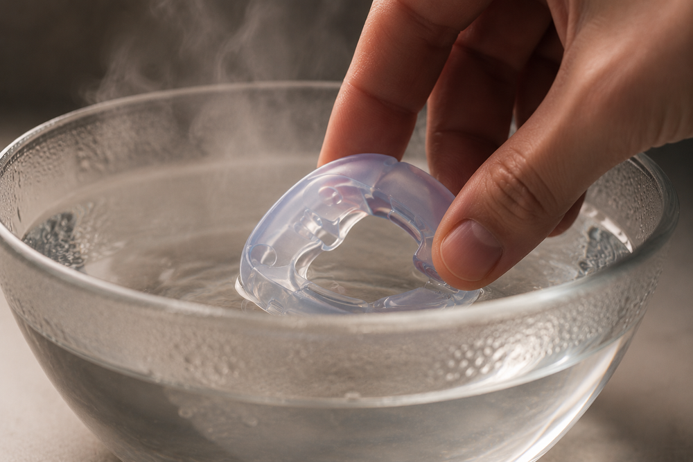 Fotografía macro de la boquilla de silicona siendo sumergida en agua caliente, mostrando vapor y la flexibilidad del material, luz suave de estudio, fondo neutro, estilo clínico, sin texto