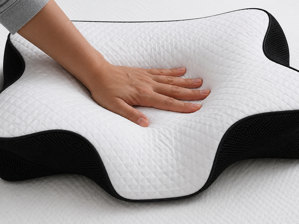 Fotografía editorial de la funda de una almohada siendo retirada, mostrando la cremallera y el tejido transpirable, luz natural suave, composición minimalista, sin texto