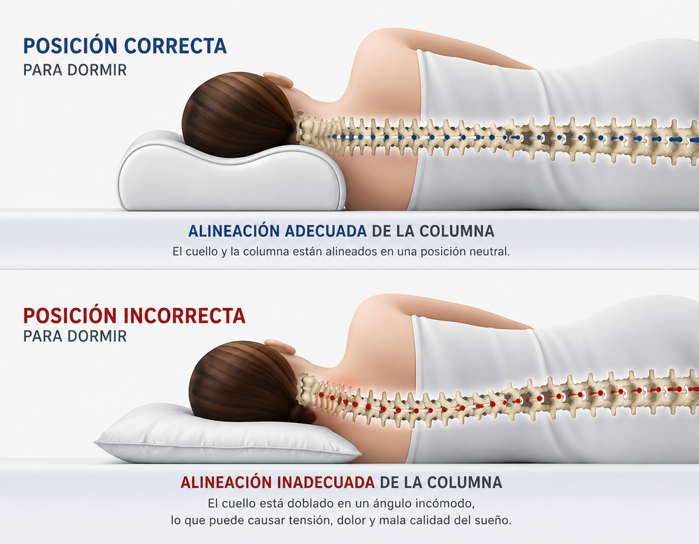 Fotografía de perfil en primer plano de una almohada cervical mostrando dos alturas de contorno claramente diferenciadas, una más alta y una más baja, luz lateral que resalta la textura y la forma, estilo producto editorial minimalista, fondo neutro