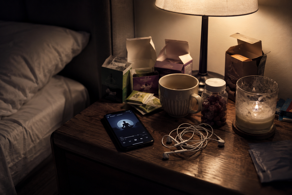Fotografía editorial de un buró de noche con el desorden de soluciones fallidas: cajas de tés, una vela a medio usar, audífonos enredados, el teléfono con una app de meditación abierta, una botella de melatonina en gomitas, luz cálida tenue de lámpara, ambiente real de recámara, estilo documental, sin texto ni marcas de agua