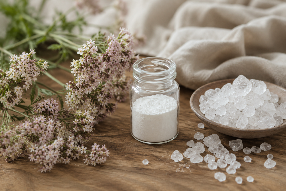 Fotografía editorial de los tres ingredientes en su forma natural: flores de valeriana, un pequeño frasco con melatonina en polvo, y cristales de magnesio sobre una superficie de madera, luz natural suave, composición orgánica y limpia, estilo editorial, sin texto
