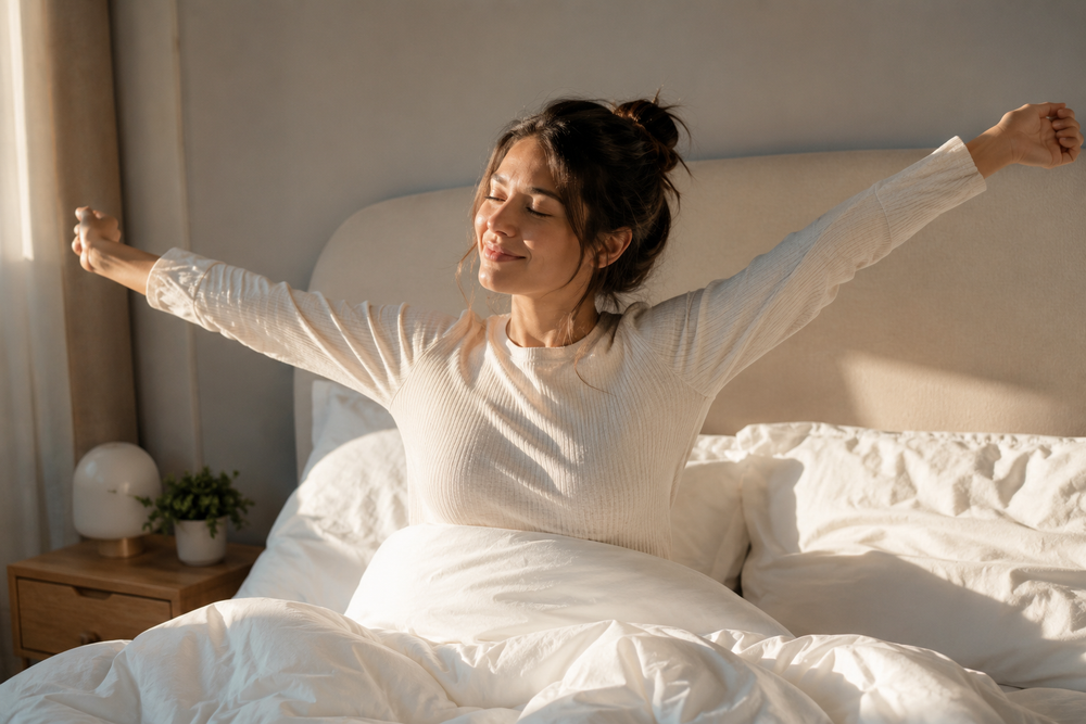Fotografía lifestyle de una persona estirándose perezosamente al despertar en una cama con luz de amanecer, expresión de descanso genuino y energía renovada, sábanas blancas, ambiente acogedor, estilo editorial, sin texto ni marcas de agua