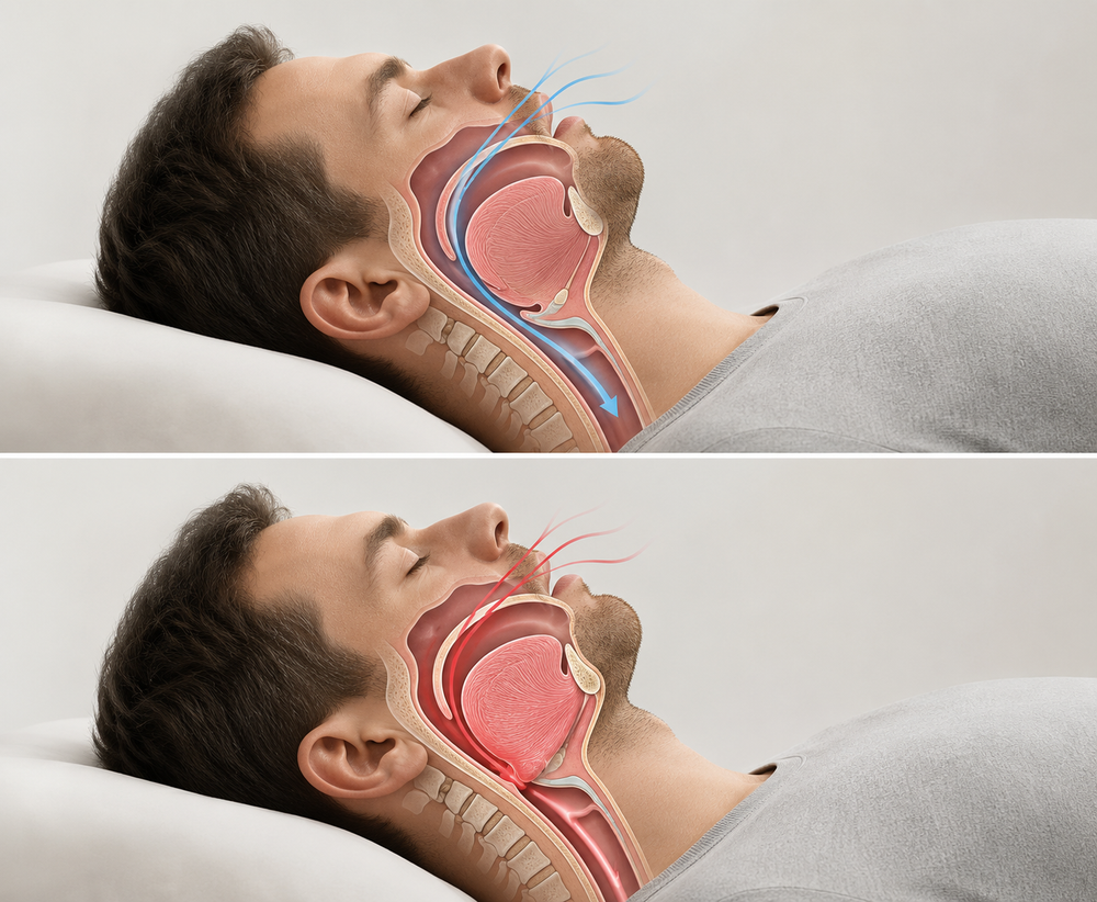 Ilustración anatómica sutil y editorial de una vía aérea humana mostrando la diferencia entre una vía abierta y una vía obstruida por la lengua al dormir, estilo clínico minimalista, iluminación suave, fondo neutro, sin texto
