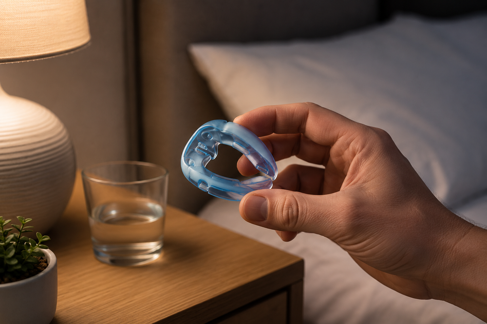 Fotografía editorial de una mano sosteniendo una boquilla antironquidos de silicona transparente sobre un buró de madera, luz cálida de lámpara de noche, ambiente íntimo de recámara, estilo minimalista, sin texto ni marcas de agua